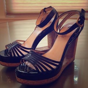 Prada Black Patent Leather Cork Cutout Wedge 39.5